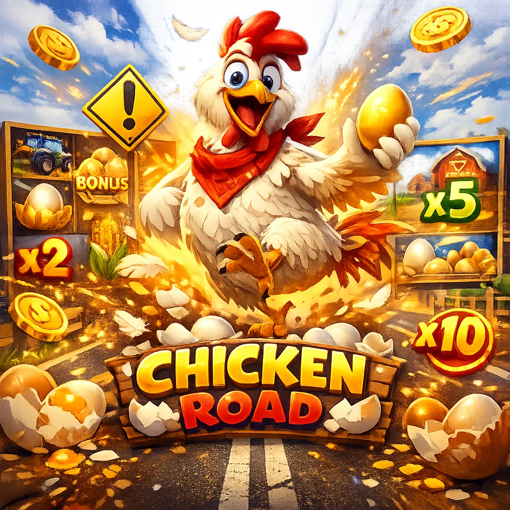 Bright and dynamic promo image for Chicken Road slot game featuring a humorous chicken on road lanes with coins and playful c