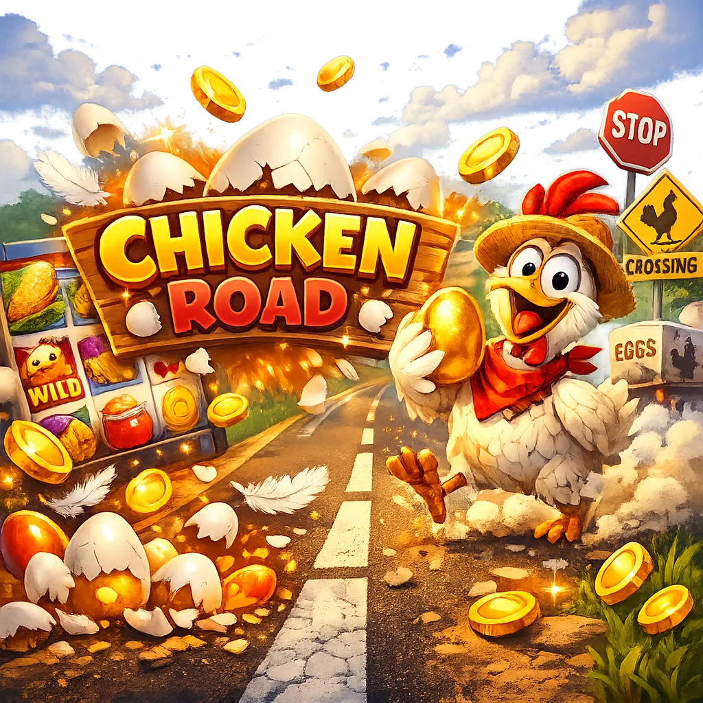 Colorful promotional image for Chicken Road slot game featuring humorous chicken on road with coins and eggs.